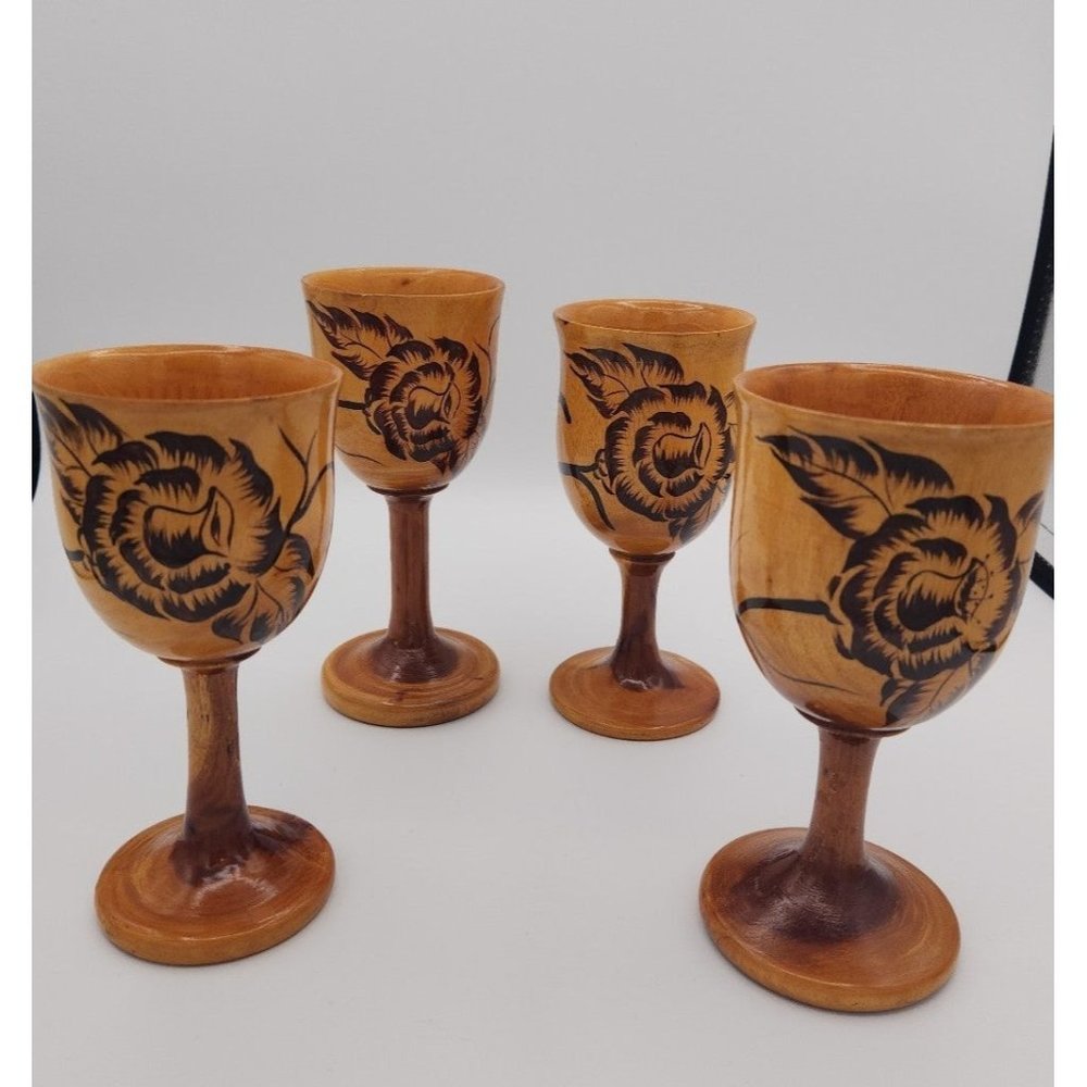 Vintage Teak Goblets Hand Painted Set of 4 Tiki Bar